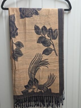 Ama Waterways Floral Fringe Jacquard Scarf in Tan and Black